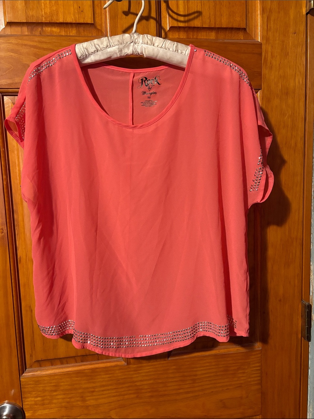 Rock & Republic Coral Pink Short Sleeve Rhinestone Blouse